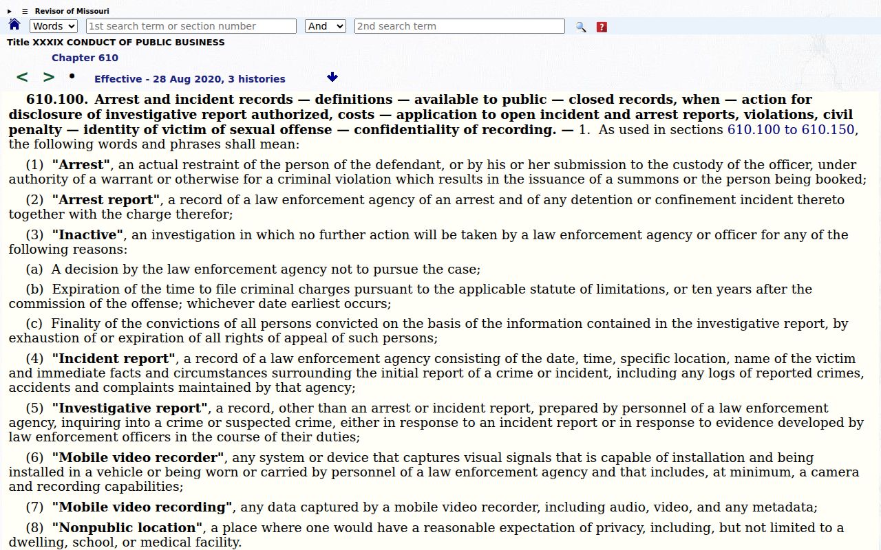 Missouri law governing Lewis County arrest and incident records