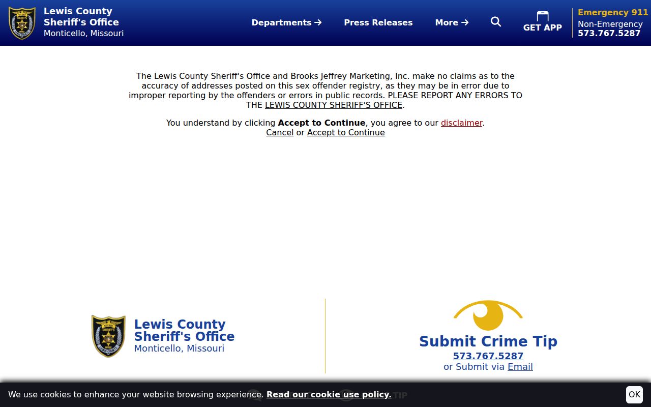 Lewis County sex offender registry local search disclaimer