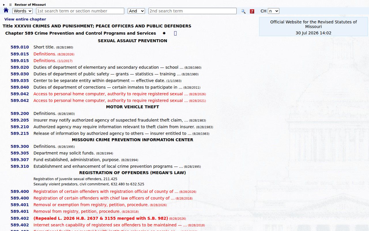 Missouri Chapter 589 rules for Lewis County sex offender registration