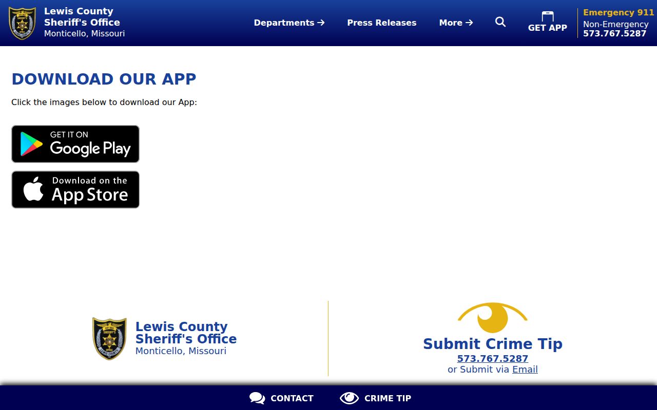 Lewis County criminal records sheriff mobile app page
